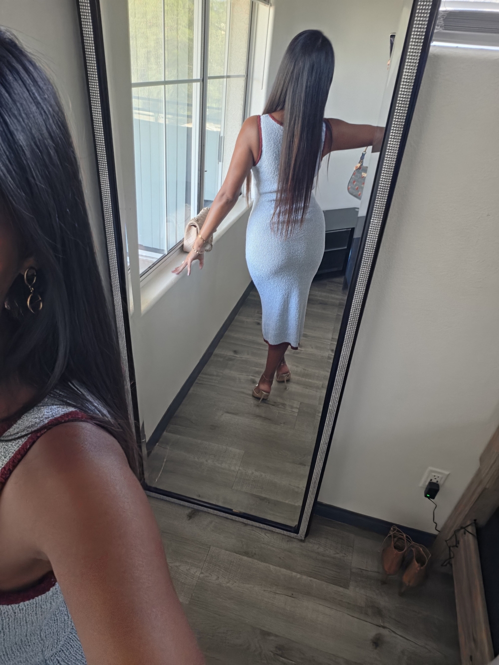 Light Blue Knit Midi Dress with Burgundy Trim Stretchy - Picture 9 of 17